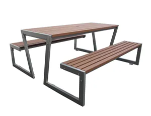ベンチ付きGAVIN屋外テーブルパティオメタルとリサイクルプラスチック木製ダイニングテーブルセットストリート家具ピクニックテーブル