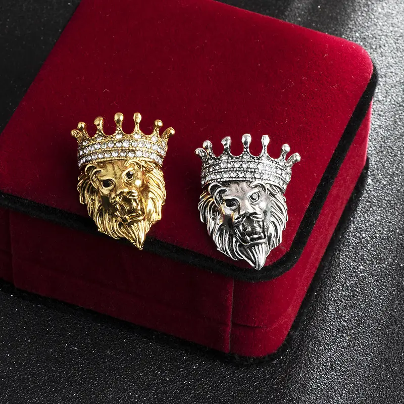 Retro Vintage Lapel Pin Brooches Lion Head Encrusted Drill Pin Male Lady Suit Decorative Medal Crystal Mens Brooch Pins