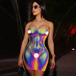 फैशन सेक्सी क्लब Bodycon यू-गर्दन बिना आस्तीन रंगीन 3D प्रिंट आकस्मिक महिलाओं Mni पोशाक गर्मियों के कपड़ों के कपड़े महिलाओं महिला सुरुचिपूर्ण