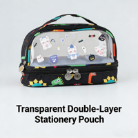 Trousse à crayons transparente double couche, grande capacité, organisateur de papeterie, pochette à stylos à imprimé mignon, sac de rangement pour fournitures scolaires avec fermeture éclair