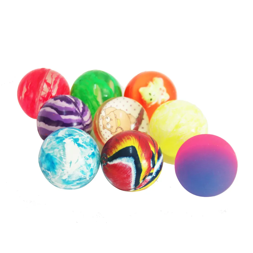 Bola de borracha alta colorida brilhante, sólida, 27mm, 32mm, 45mm, 49mm, bola bouncy, vários desenhos, opção, atacado