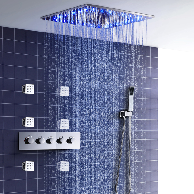 304 Stainless Steel 20 Inch Shower Head Panel System Thermostatic Diverter Mixer Side Massage Jets Kit
