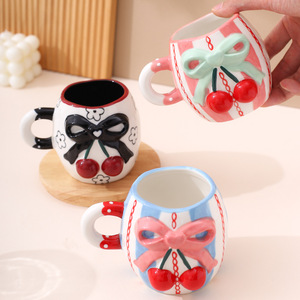 Creative Embossed 3d Cherry Ceramic Coffee Cup Cute Bow Tie Ceramic Mug for Girls - Product Image 4