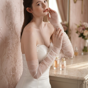 <b>White</b> Black Long <b>Tulle</b> Sheer Beaded Pearl Fingerless Gloves 100% Polyester Elegant Bridal Sleeves Formal Evening Wedding Party 3 - Product Image 2
