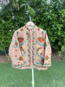 TNT Embroidered Knitted Floral Cotton Bomber <b>Jacket</b> <b>Women</b> Autumn/<b>Spring</b> Dusty Peach / Blush Pink (base Fabric) Brown - Product Image 2