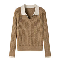 Pull en tricot torsadé à col contrastant pour femme, pull tricoté moucheté à manches longues et col en V effet deux pièces pour l'automne 2609-33b