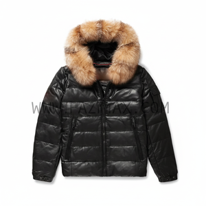 Chaqueta de cuero acolchada negra con piel de zorro - Product Image 1