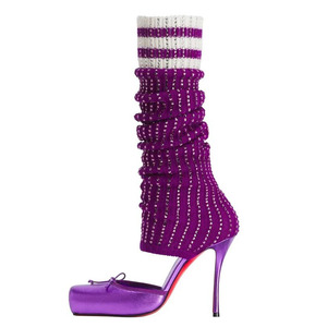 Diamonds Knitting Upper Summer High Heels Shoes Front Bow Square Toe Knee High <b>Boots</b> Pleated Stretchy Cut Out Socks Sandals - Product Image 5