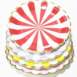 Assiettes en papier à bords festonnés dorés, fabricants de petits plats jetables, rayés, couleur <span class=keywords><strong>pastel</strong></span>, fournitures de décoration de fête - Product Image 1