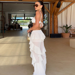 Pantalones de mujer de cintura alta con volantes de gasa, acampanados, transparentes, de ajuste holgado, a la moda, informales, para fiesta o playa - Product Image 5