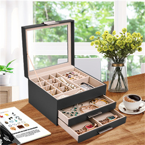 Boîte à bijoux en cuir portable à 3 couches, avec logo personnalisé, petite, ronde, blanche, en velours, pour voyage, avec tiroir de rangement en cuir noir - Product Image 5