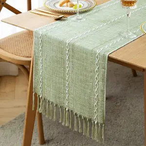 Skymoving Home Textiles New Custom Hollow Grass Green Buff Linen Table Runners With Hand-Woven Tassels For Dining Party Holiday