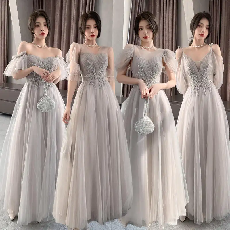 Elegant Gray Slim Chiffon A-Line Net Yarn Party Bridesmaid Lace Prom Dress Maxi Luxury long Evening Dress