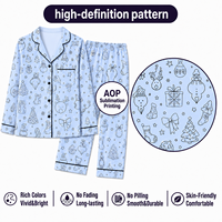 Pyjama tricoté personnalisé bleu clair avec motif renne et bonhomme de neige, col cranté, en polyester et soie de lait pour femme, collection Printemps, POD, MOQ 1 pièce