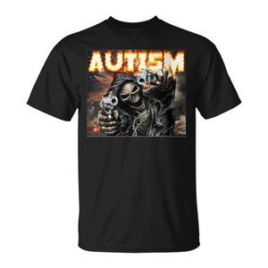 Camiseta con diseño de esqueleto y armas para concienciación sobre el autismo, unisex, cuello redondo, manga corta, digital - Product Image 1