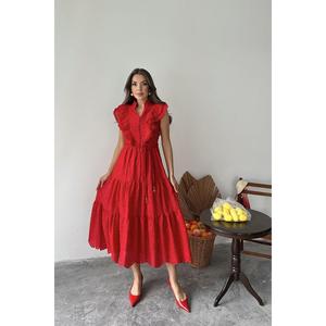 Robe mi-longue rouge à volants, taille naturelle, tissu respirant, pour femme - Product Image 5