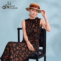 Gaun Maxi panjang selutut tunik sutra leher-o elegan musim panas untuk wanita motif bunga renda alami pinggang cetakan Digital