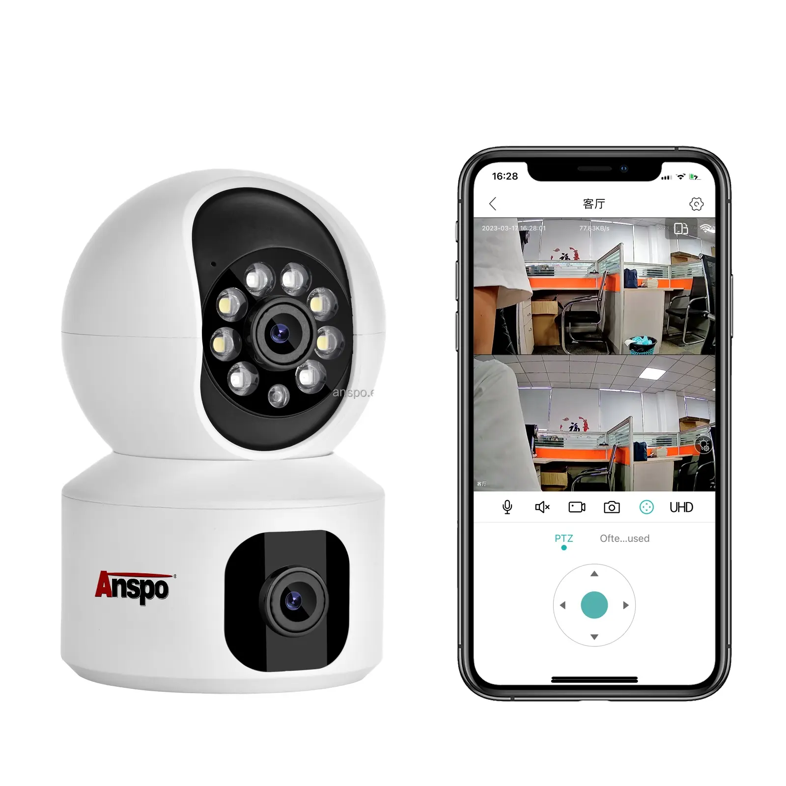 كاميرا ذكية منزلية مزودة بمنظور متصل بالواي فاي PTZ من Anspo بدقة 2 ميجا بيكسل مزودة بعدسة مزدوجة للمراقبة والتصوير ثنائي الاتجاه بدقة 1080 بكسل CCTV كاميرا مراقبة لاسلكية CCTV