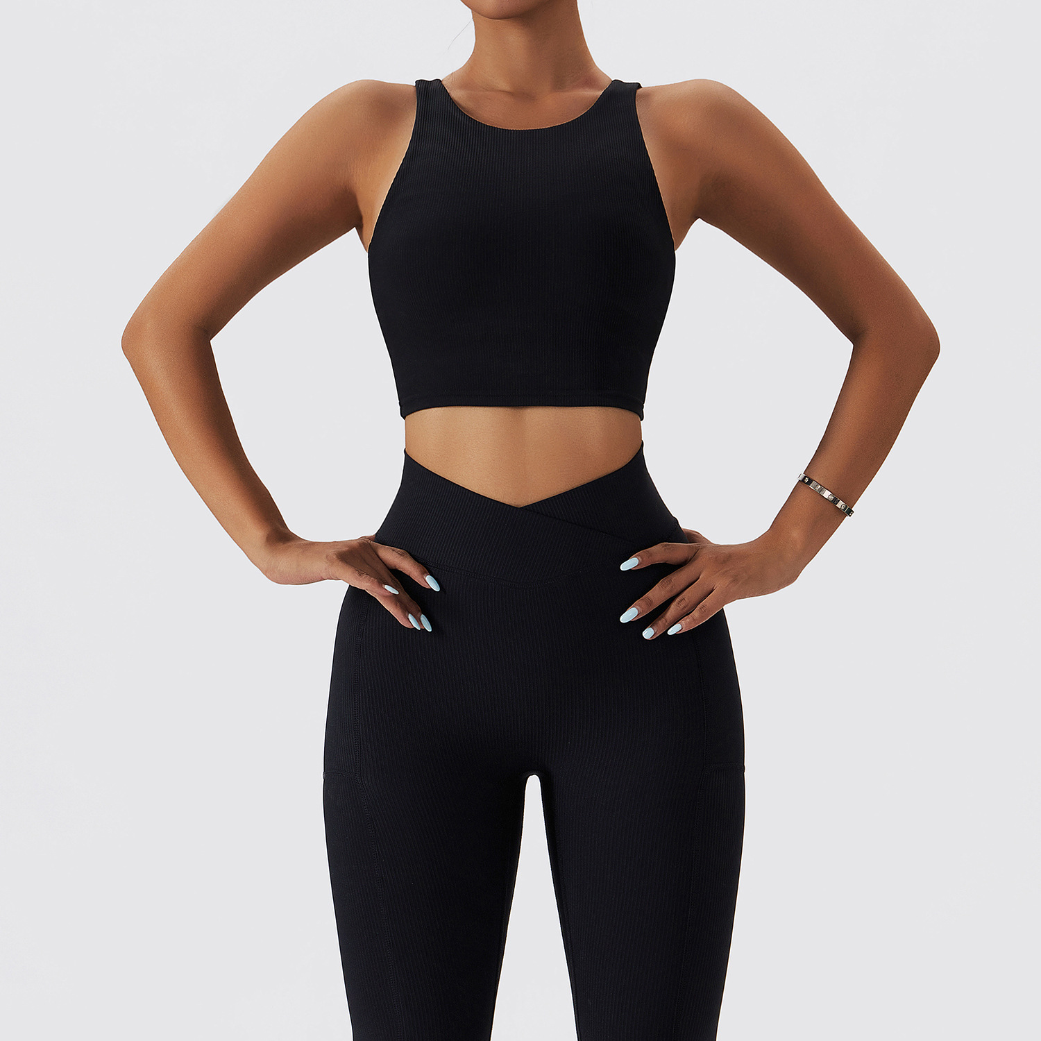 Women High Stretchy U-Neck Open Back Breathable Soft Bra V Cut Ribbed Quick Dry Gym Leggings With Pockets Yoga Set