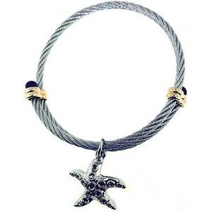 Bracelet jonc ajustable pour femme en fil torsadé, bicolore, en laiton plaqué rhodium, avec pendentif étoile de mer et breloques en verre - Product Image 1