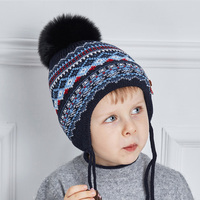 Bonnets tricotés en laine pour enfants garçons avec pompon en fourrure de renard véritable pour l'hiver, bonnet à rabat d'oreille pour tout-petits, doublure polaire chaude, bonnet coloré