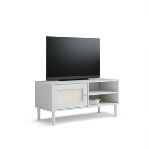 Mueble para TV Senja de Madera Maciza Blanca, 41.7 x 15.7 x 19.3 Pulgadas, Diseño Escandinavo Moderno con Almacenamiento para Sala de Estar - Product Image 1