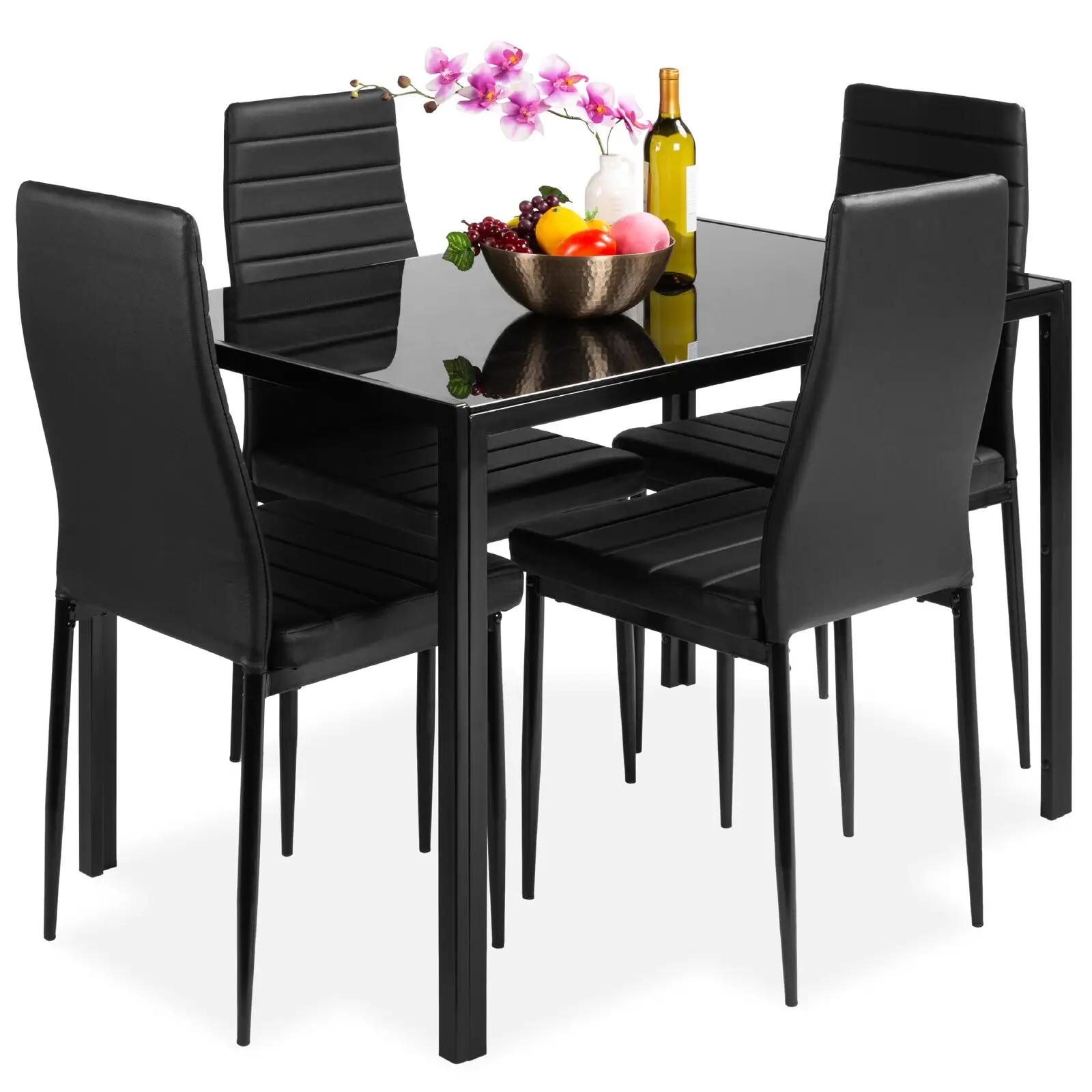 Modern Black Glass Dining Table With 4 Chairs Kitchen Room Dining Table Set