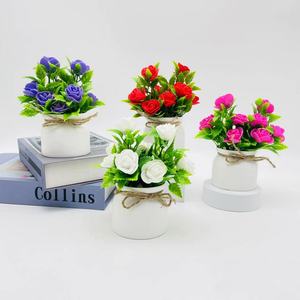 Rose artificielle Paulon en pot, 16 cm de haut, mini décoration intérieure avec nœud, décoration pour la maison - Product Image 1