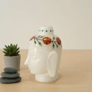 Cabeza de Buda Pintada a Mano, Decoración de Piedra con Diseño Floral, Escultura Artesanal de Mármol Blanco para Decoración del Hogar, Sala de Meditación - Product Image 3
