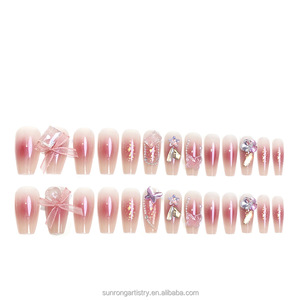 Faux ongles artificiels mignons et doux, faux ongles artificiels pour les doigts, <span class=keywords><strong>rouge</strong></span> et blanc, nœud fait à la main, ongles à presser pour l'été - Product Image 5
