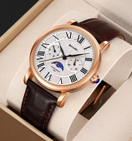 Montre-bracelet à quartz classique SKMEI 9438 pour homme, cadran argenté, chiffres romains, phase de lune, bracelet en cuir, ouverture personnalisée