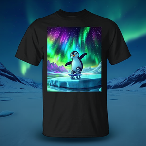 Camiseta con diseño de pingüino lindo patinando bajo el cielo de la aurora - Product Image 3