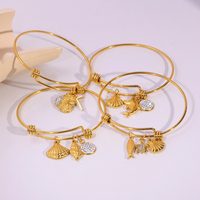 Bracelet manchette réglable en acier inoxydable pour animaux de l'océan 18 carats avec coquillage dauphin étoile de mer breloques strass bijoux d'été
