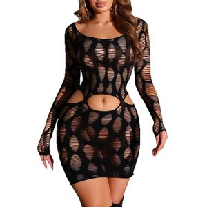 Lingerie sexy style européen et américain, body moulant ajouré, uniforme séduisant, grande taille, manches longues, en nylon - Product Image 5