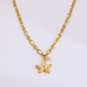 Collar con Colgante de Estrella de Mar en Acero Inoxidable Chapado en Oro de 18K para Mujer, Diseño Retro de Concha y Caracol, Cadena de Eslabones para Fiestas y Eventos - Product Image 1