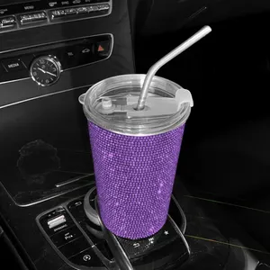 Kustom Kristal Berlian Imitasi Berlian 550Ml Bling Stainless Steel Mobil Kopi Terisolasi Termal Cangkir Vakum Tumbler dengan Jerami