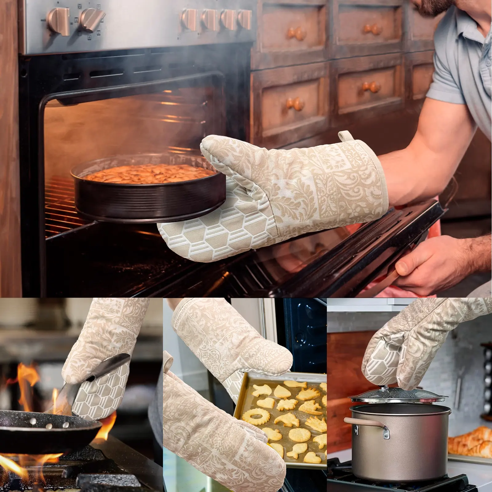 זוג דפוס מרקם פרחי חאקי מטבח מונע החלקה סיליקון אגודל כפפות תנור כלי אפייה ברביקיו כותנה כפפות תנור
