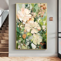 Peinture à l'huile abstraite texturée faite à la main avec cadre floral vert, peinture décorative pour salon, peinture sur toile bohème