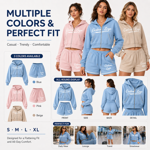 Completo Estivo da <span class=keywords><strong>Donna</strong></span> con Felpa con Cappuccio e Zip e Pantaloncini Sopra il Ginocchio, Set Due Pezzi Casual Vestibilità Comoda - Product Image 2
