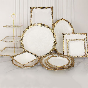 Ensemble d'assiettes à dîner rondes en céramique <span class=keywords><strong>de</strong></span> luxe moderne avec bord doré, vaisselle en <span class=keywords><strong>porcelaine</strong></span> écologique pour les fêtes, vente en gros - Product Image 2