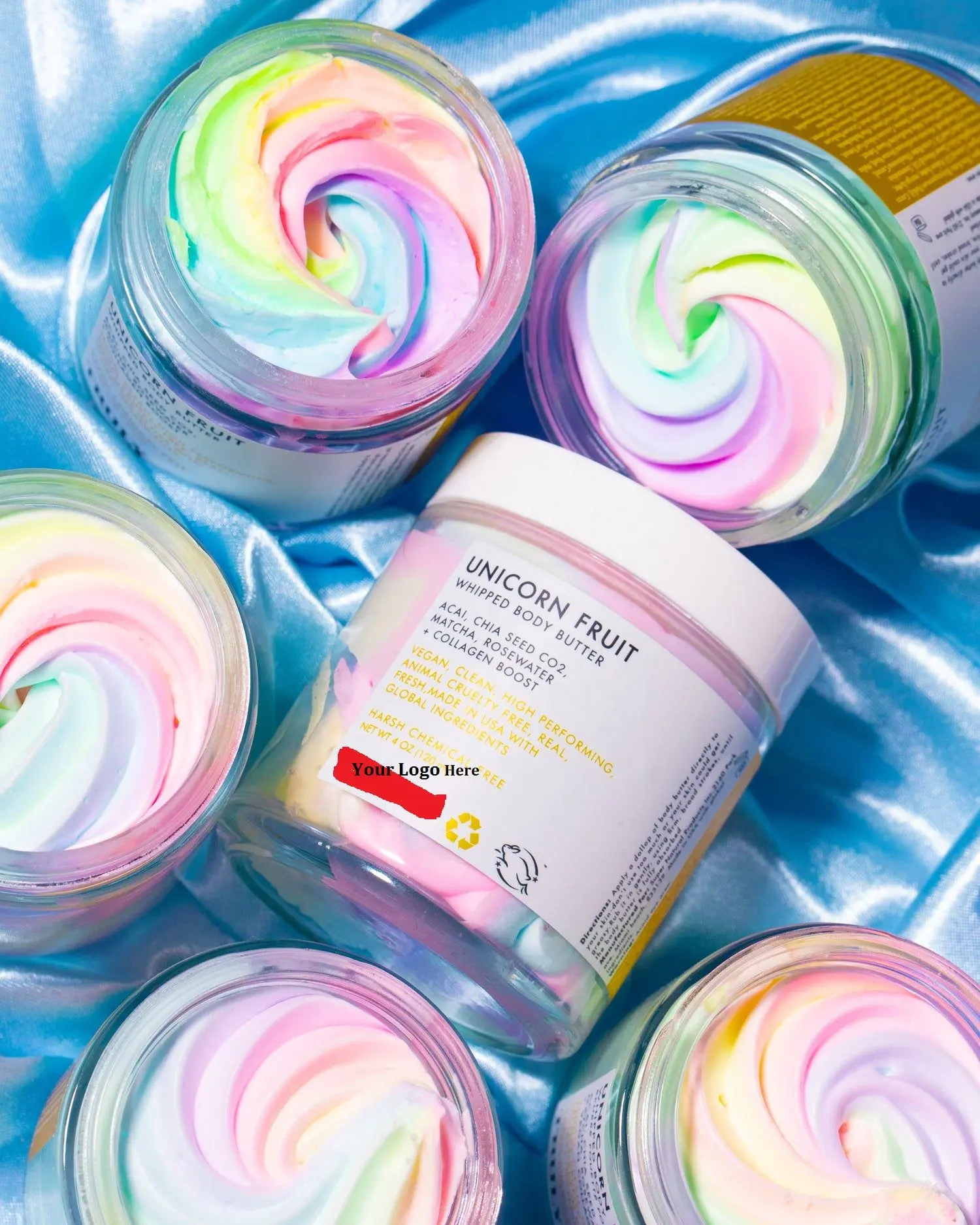 LOW MOQ Farbe anpassen verfügbar Großhandel Private Label Frucht düfte Un icorn Shea butter Rainbow Whipped Body Butter