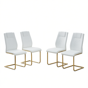 Modern White Faux Leather <b>Dining</b> <b>Chairs</b> <b>Set</b> <b>Of</b> <b>4</b> Golden Metal Legs Cushioned For Home Office Kitchen Living Room Bedroom - Product Image 1