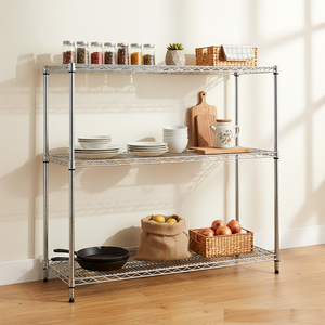 מדף תצוגה מתכוונן בעל 3 קומות, עמיד, עשוי רשת, עם גימור כרום, להתקנה ביתית עם חיבור לחשמל. - Product Image 3