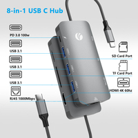 Base de Conexión USB Tipo C 8 en 1, Aleación, USB-C a HDMI 4K, Lector de Tarjetas SD y TF, Ethernet Gigabit RJ45, OTG, Hub de Datos USB3.1
