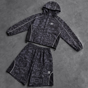 Custom Men's Camouflage Printed Two Piece Tracksuit Hooded Zipper Sporty Shorts <b>Set</b> Polyester <b>Embroidery</b> Windbreaker <b>Set</b> - Product Image 1