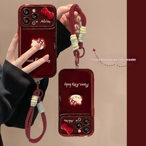 Funda de silicona suave antichoque color rojo vino con diseño de lazo de gato de dibujos animados y cordón para teléfono 16PRO con ventana grande - Product Image 3