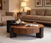 Meja Kopi Kayu Bulat Modern dengan Penyimpanan, Rangka Logam, Furnitur Ruang Tamu Serbaguna