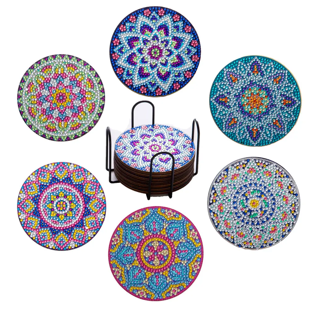 Vente en gros 6/8Pcs DIY Diamants Peinture Sous-verres Antidérapant Mosaïque Tasse Coussin avec Support Strass Peintures Décor