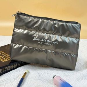 Fashion Logo Zipper Handled Letter Large Capacity Light Weight Quilted Nylon Elegant Lady Makeup Bag Puffy Clutch - Product Image 3