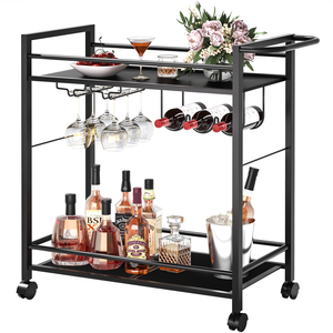 Commercial Grade Metal Bar <b>Cart</b> Multi Tier Storage & Wine Holder Black Steel Frame <b>Rolling</b> Trolley for Restaurants Bars Hotels - Product Image 1